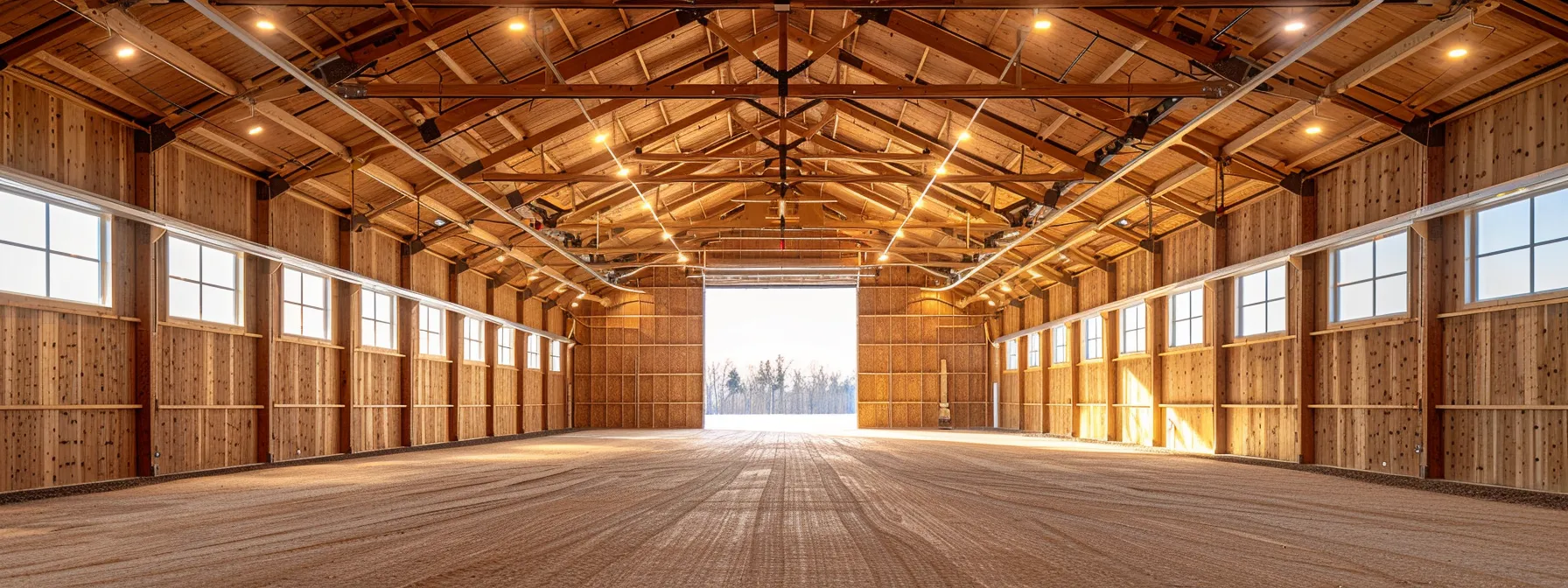 a spacious monitor style pole barn with elevated central aisle for efficient clearance and ventilation.